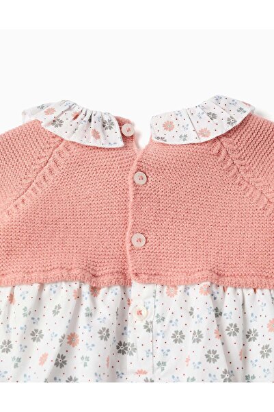 Ziddy Dual-fabric jumpsuit with floral pattern for newborn girls, pink/white