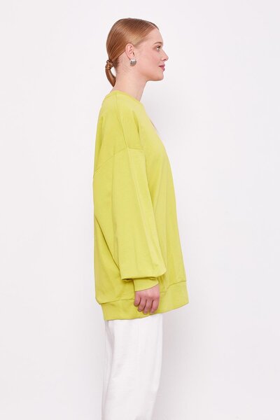 Levidor Fıstık Yeşili Bisiklet Yaka Oversize Sweat