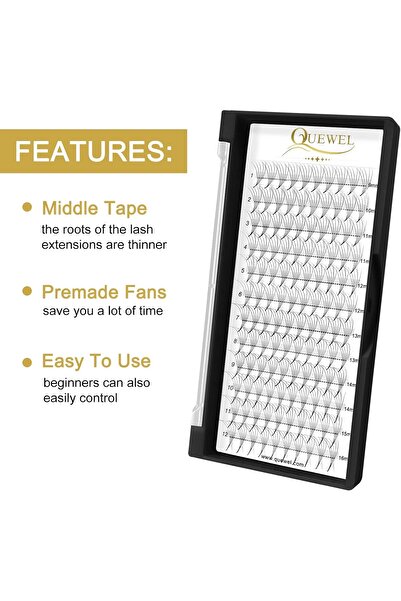 Quewel Premade Fans Middle Part 3D to 10D 12D 14D | 0.05/0.07/0.10 | Curl C/D | 10-18mm Length | Lon