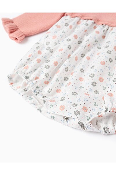 Ziddy Dual-fabric jumpsuit with floral pattern for newborn girls, pink/white