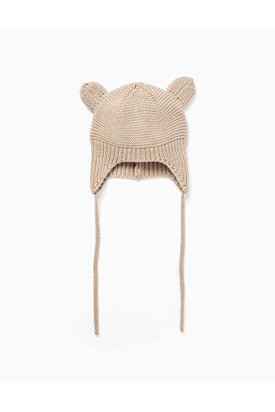 Ziddy Ribbed knit beanie with ears and side straps for newborns, beige