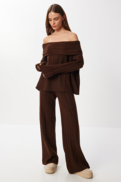 Lovelyİstanbul Open Shoulder Knitwear Sweater Pants Set Lmu0004 Brown