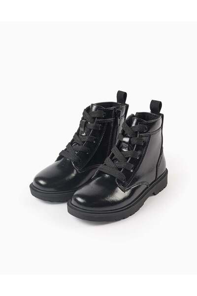 Ziddy Biker boots with laces and a shiny finish for girls, black