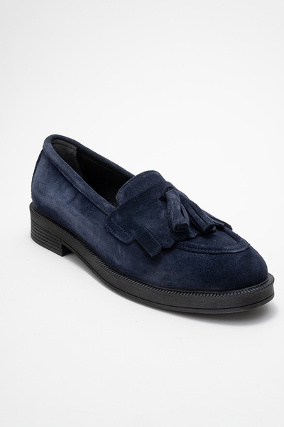 LuviShoes MİLİNA Тъмносини суедни дамски мокасини от естествена кожа с ресни