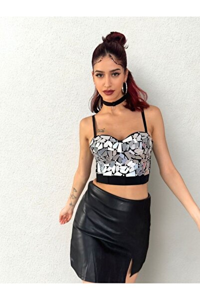BIGPARTYWEAR Ayna Taş Detaylı Siyah Büstiyer