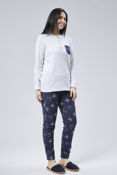 M MOONCOVER Mooncover Women's Winter Pajama Set with Chest Pocket Detail Gray-Navy Blue