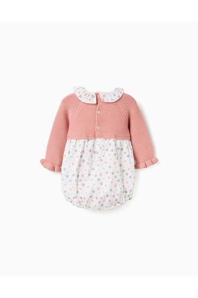 Ziddy Dual-fabric jumpsuit with floral pattern for newborn girls, pink/white