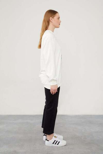 Levidor Printed Ecru Sweatshirt - Sequin Embroidered