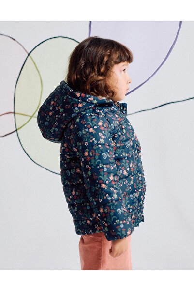 Ziddy Floral Padded Jacket with Removable Hood for Girls, Dark Blue