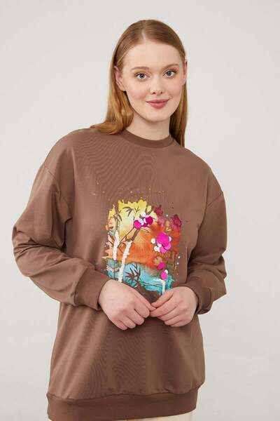Levidor Coffee Sequin Embroidered Printed Sweatshirt