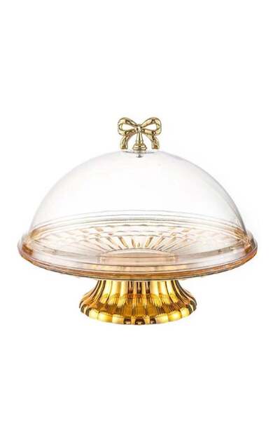 Generic طبق كيك أكريليك شفاف بقاعدة وغطاء ذهبي