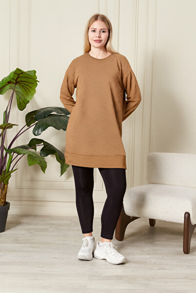 Birol Triko Women's Dark Beige Slit Tunic with Crystal Stone Accessories