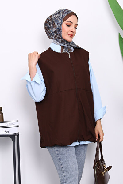 İmajButik Brown Zippered Oversize Lined Vest