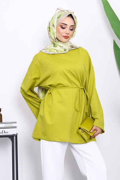 İmajButik Oil Green Tunic with Slits on the Sides and Drawstring Waist