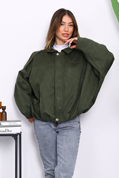 İmajButik Μπουφάν από καστόρι με χακί επικάλυψη ώμου