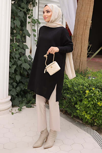 İmajButik سترة تريكو سوداء من الغزل البارد الممرسر