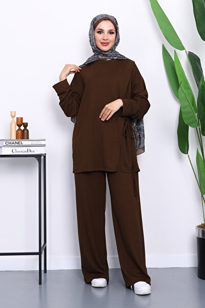 İmajButik طقم مودال بني مع سترة طويلة وبنطلون برباط جانبي