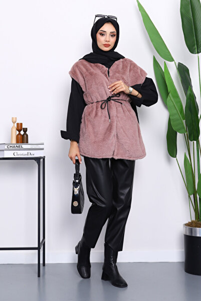 İmajButik Dusty Rose Pocketed Plush Fur Vest
