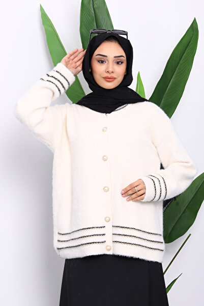 İmajButik Angora Soft Knit Cardigan with Cream Piping Detail