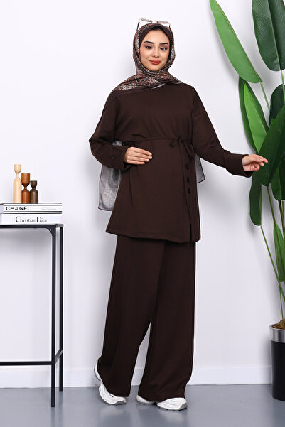 İmajButik Σετ Modal με καφέ κουμπιά και λεπτομέρεια με τονισμό με παντελόνι τουνίκ