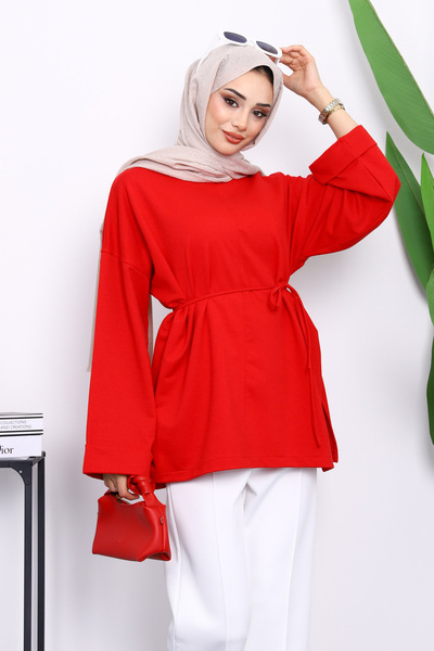 İmajButik Red Tunic with Slits on the Sides and Drawstring Waist