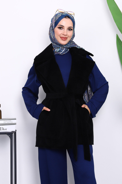 İmajButik Black Double-Breasted Collar Belted Cashmere Vest