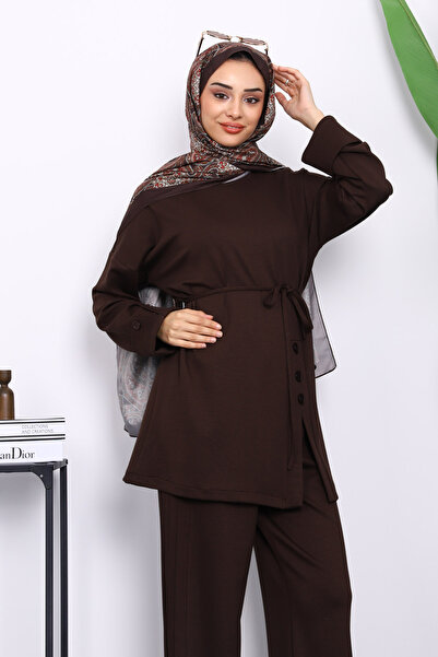 İmajButik Σετ Modal με καφέ κουμπιά και λεπτομέρεια με τονισμό με παντελόνι τουνίκ