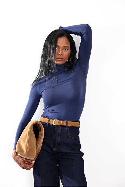 5in1Canpolat Navy Blue High Neck Transparent Blouse 25226