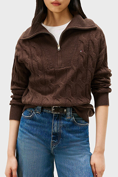 Tommy Hilfiger % 100 Yün Relaxed Fit Yarım Fermuarlı Dik Yaka Örgü Kazak KAZAK WW0WW46425 GV0