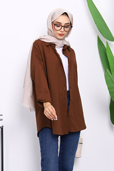 İmajButik Kahverengi Düğmeli Salaş Terikoton Gömlek