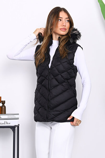 İmajButik Black Hooded Puffer Vest with Pockets