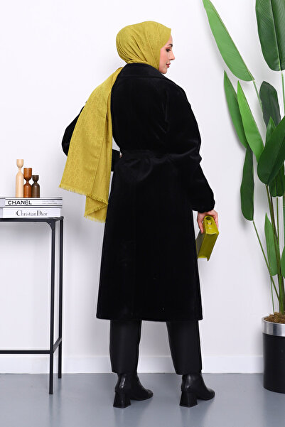 İmajButik Μαύρο παλτό ανγκόρα με διπλό γιακά και ζώνη