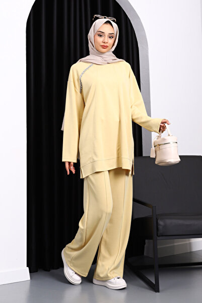 İmajButik Modal Suit with Yellow Stone Detailed Tunic and Trousers