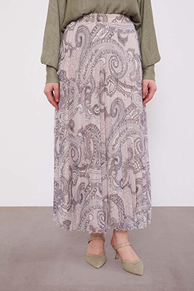 Levidor Beige Ethnic Pattern Pleated Skirt