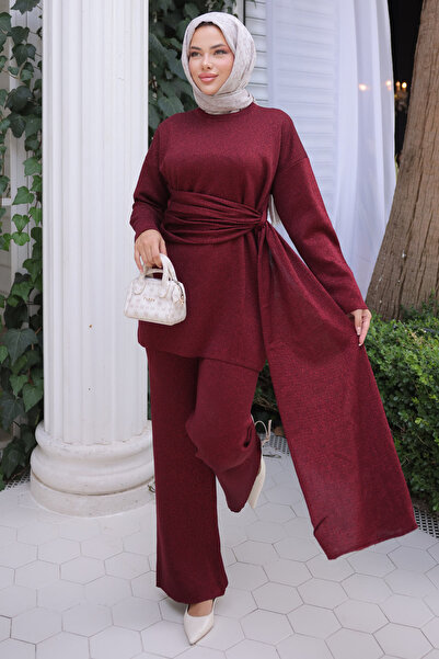 İmajButik Burgundy Crew Neck Glitter Trouser Suit