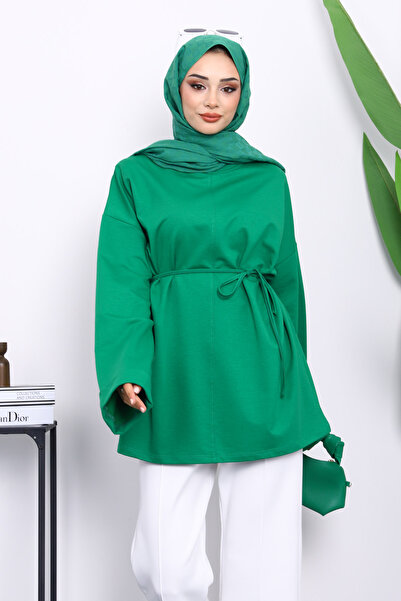 İmajButik Green Tunic with Slits on the Sides and Drawstring Waist