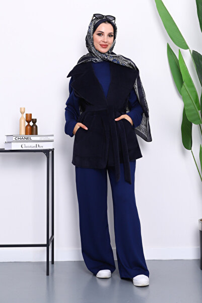 İmajButik Navy Blue Double-Breasted Collar Belted Cashmere Vest