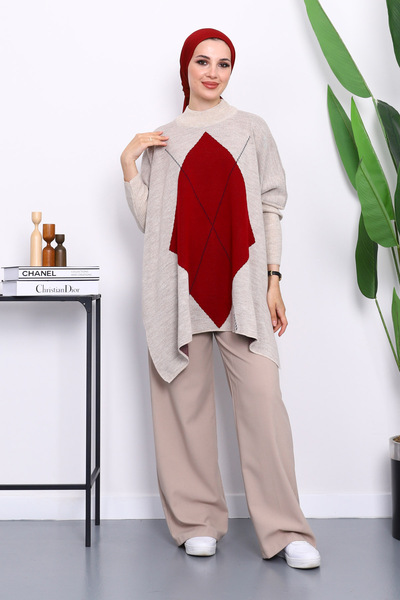 İmajButik Πόντσο με λαιμόκοψη ποδηλατικού τύπου Stone Burgundy με πλαϊνό σκίσιμο