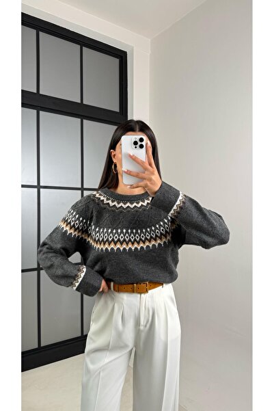 Gaus Anthracite Patterned Vintage Knit Sweater Gaus-00494