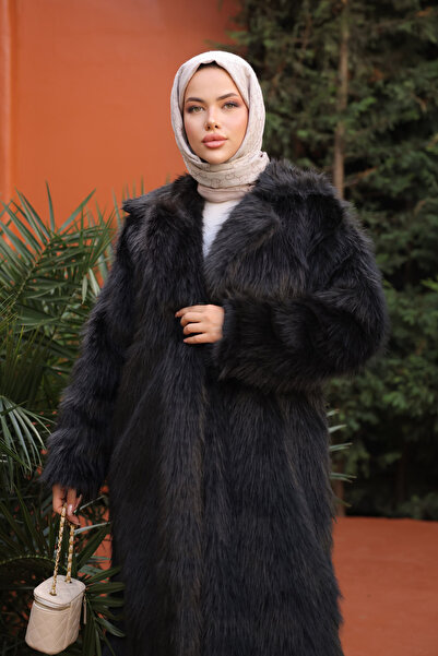 İmajButik Μαύρο γούνινο παλτό με τσέπες