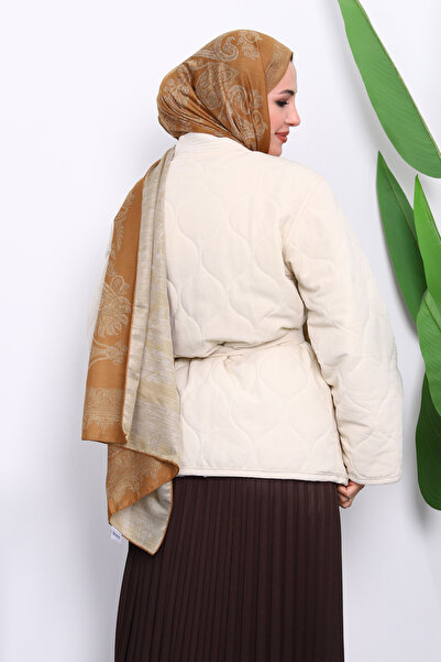 İmajButik Μπουφάν με κρεμ καπιτονέ επένδυση και ζώνη