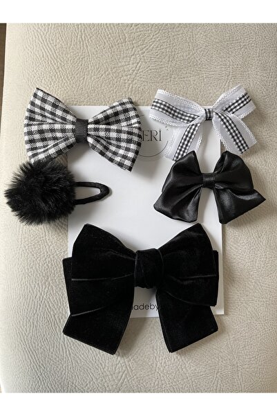 MADE BY PERİ مجموعة مشابك شعر على شكل فيونكة للأم والابنة باللونين الأسود والأبيض - مشابك شعر أنيقة وعصرية (مجموعة من 5)