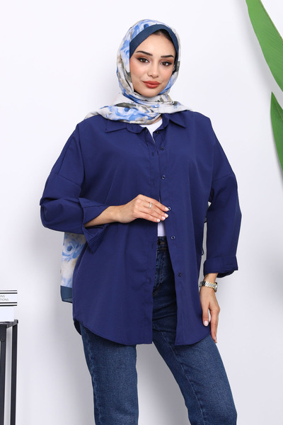 İmajButik Navy Blue Buttoned Casual Terry Cotton Shirt