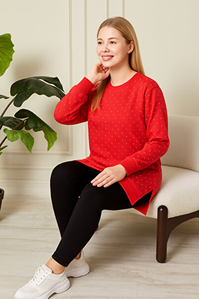 Birol Triko Kadın Kırmızı Yırtmaçlı Kristal Taş Aksesuarlı Tunik