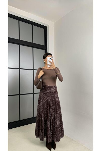 Gaus Kahve Etnik Desenli Astarlı Etek GAUS-00464