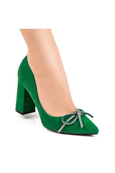 Modlet.ro Women's green suede block-heel shoes with metallic details bow MOD0...