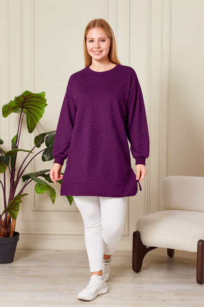 Birol Triko Kadın Mürdüm Yırtmaçlı Kristal Taş Aksesuarlı Tunik