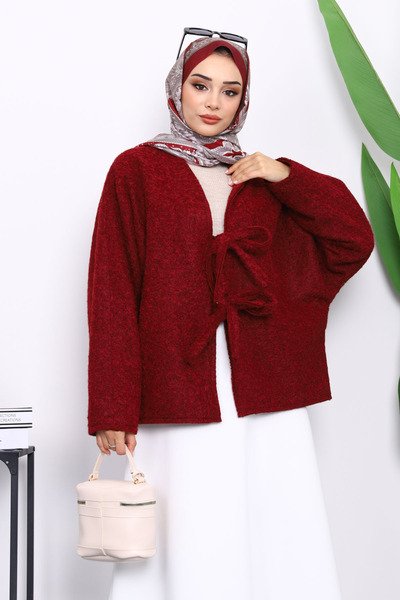 İmajButik Burgundy Tie-Front Felt Kimono Jacket