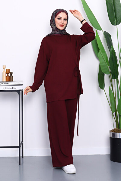 İmajButik Mürdüm Yan Bağlamalı Tunik Pantolonlu Modal Takım