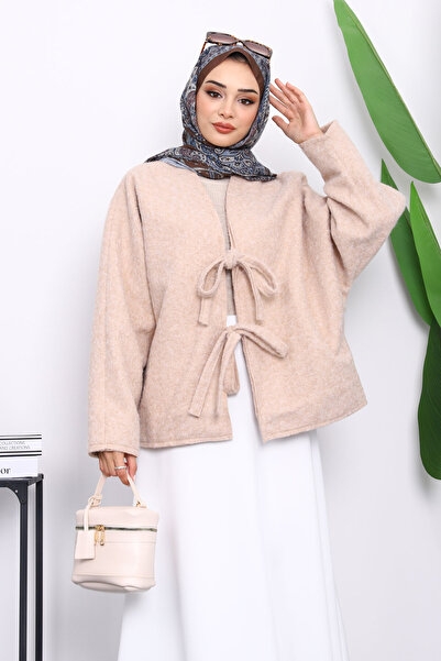 İmajButik Beige Felt Kimono Jacket with Tie Front